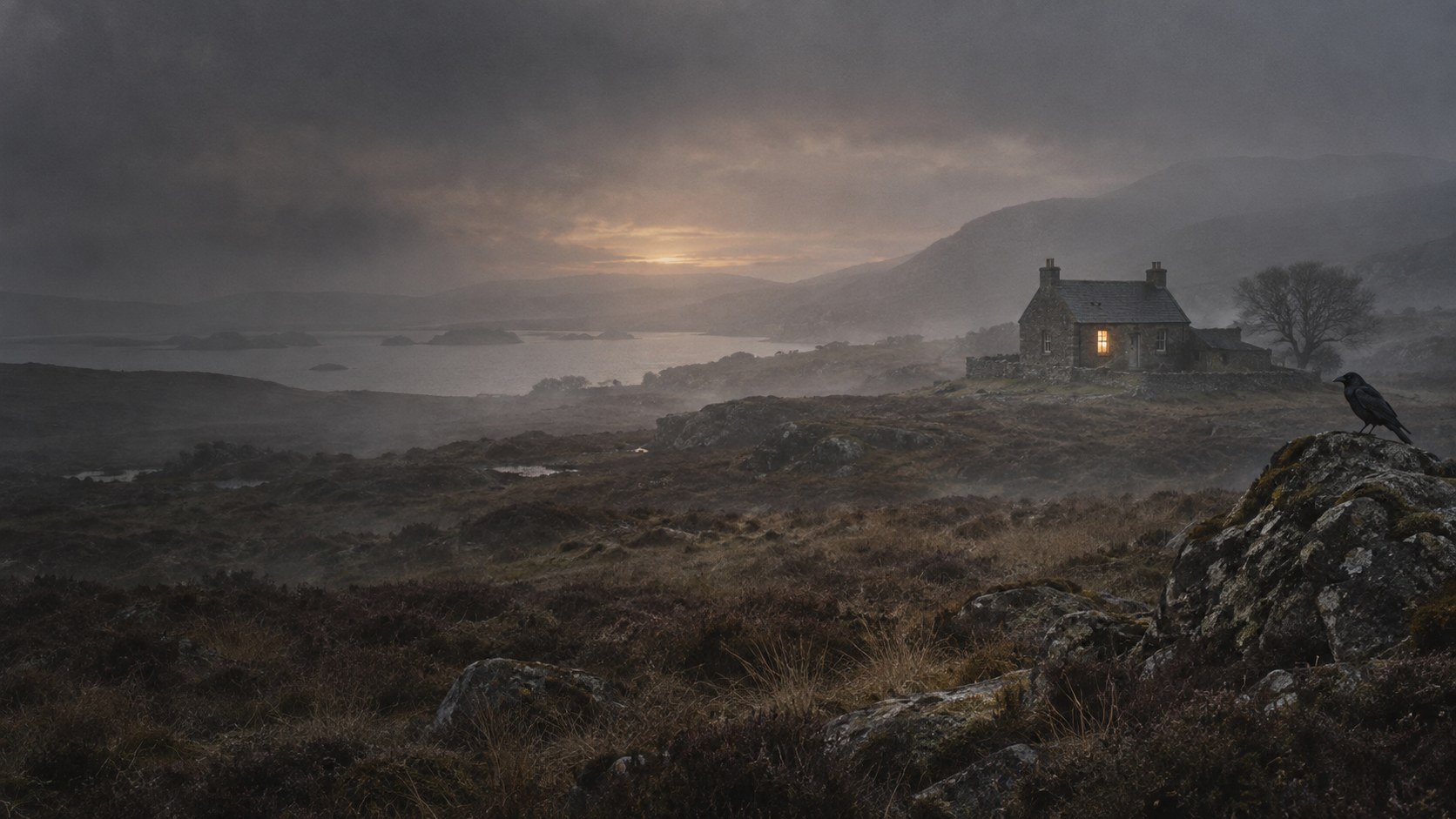 An old stone home on a misty moor, with a raven watching from the foreground