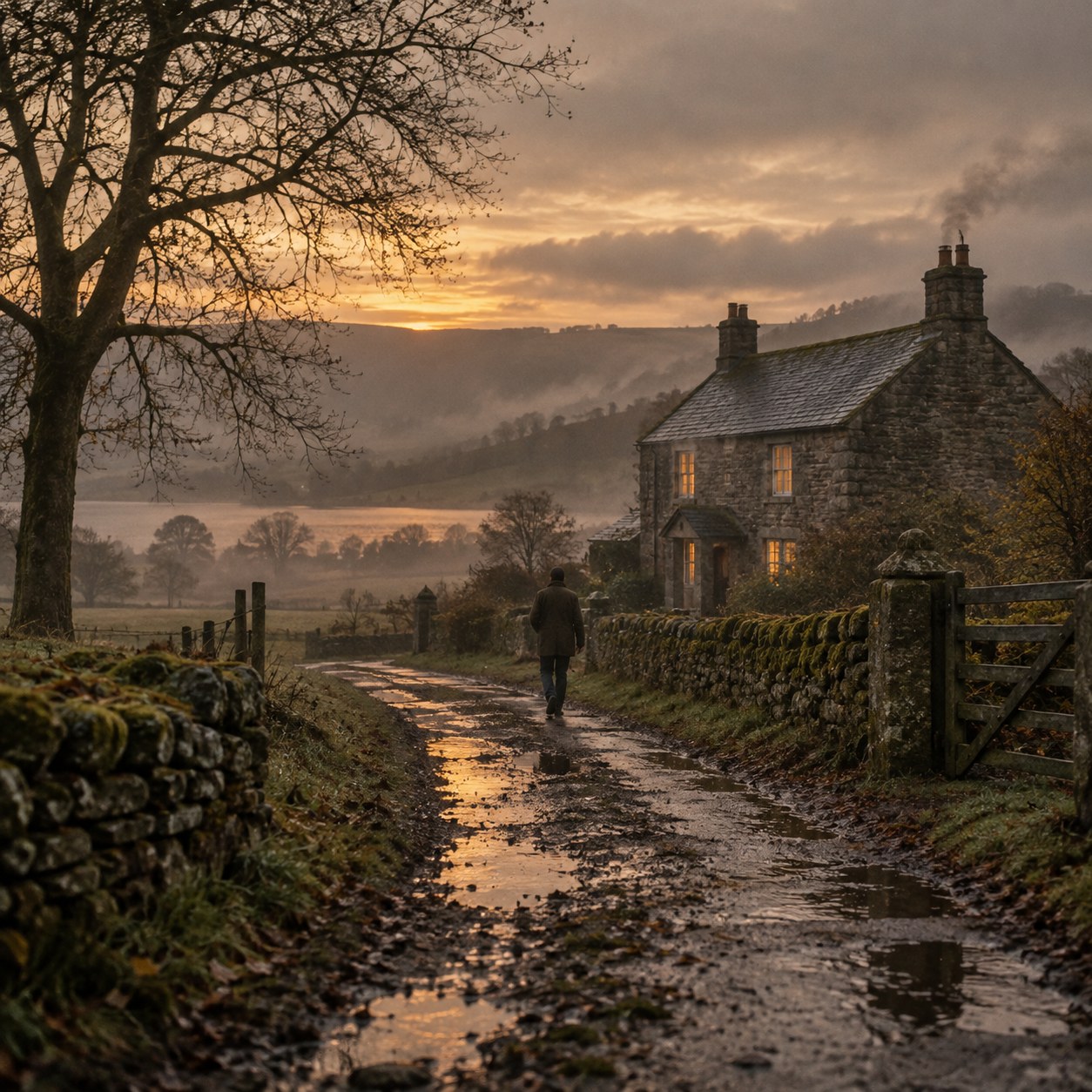 A lone figure returning to a stone home at dusk